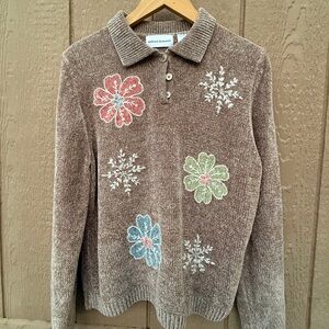 Alfred Dunner Taupe Sweater with Floral Embroidery
